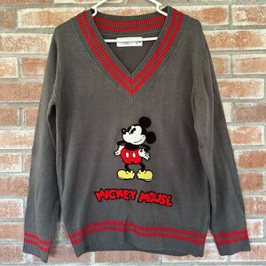Disney Store Varsity Mickey Mouse V Neck Embroidered Sweater Women’s Large Gray